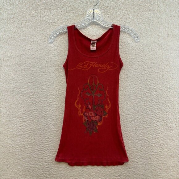 Y2K Vintage Ed Hardy Tank Top S Small M Medium Red Cyber Grunge Tattoo Moto - Picture 1 of 12